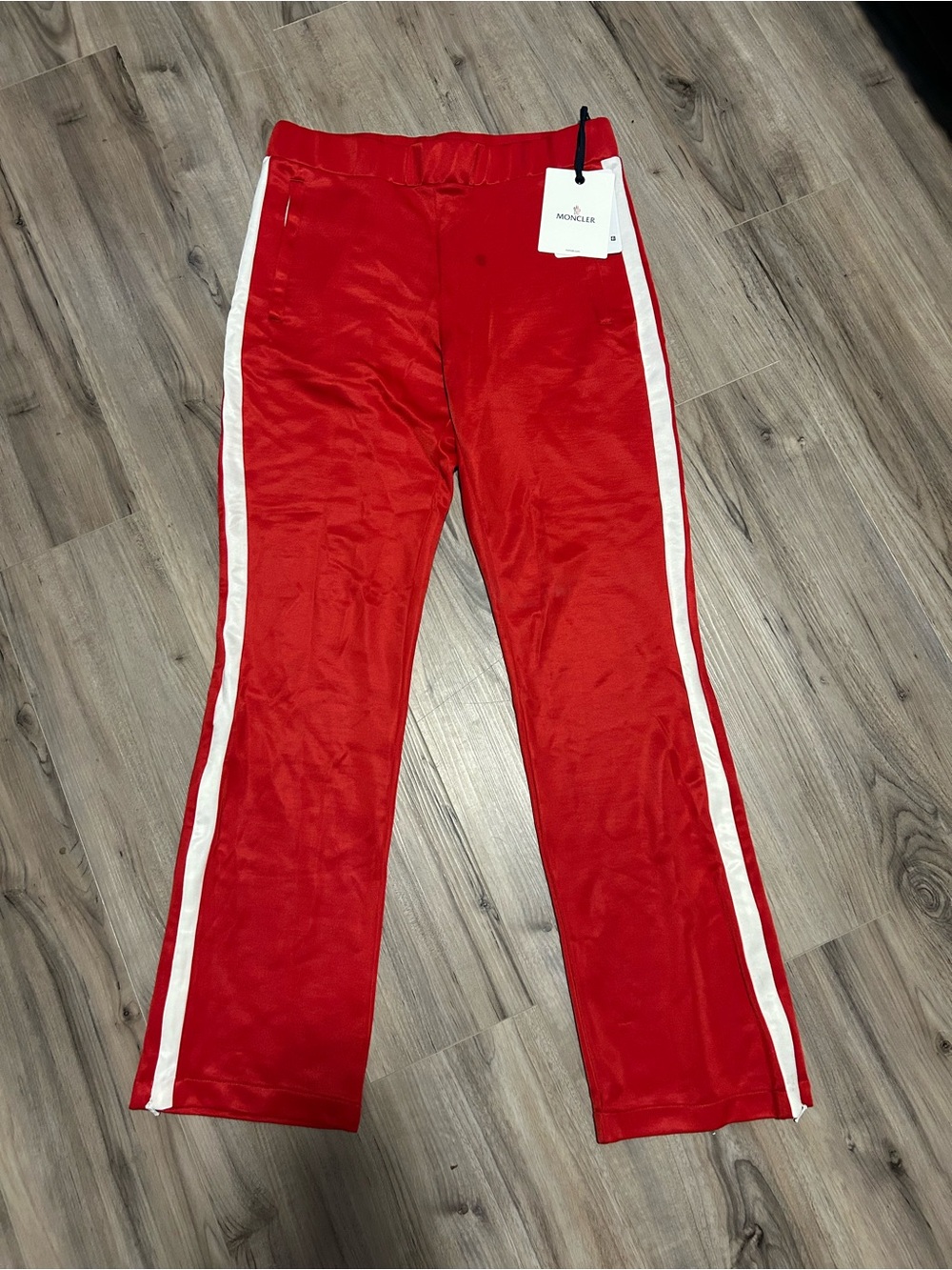 Moncler Red Track Pants with White Side Stripes